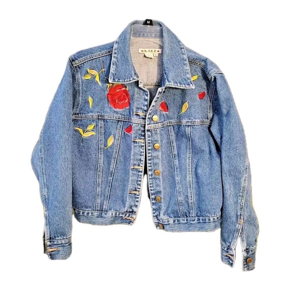 A.M.I. Vintage Denim Jacket Medium Wash Rose Floral Embroidered 100% Cotton‎ M